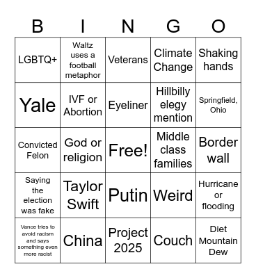 VP Debate Bingo Card