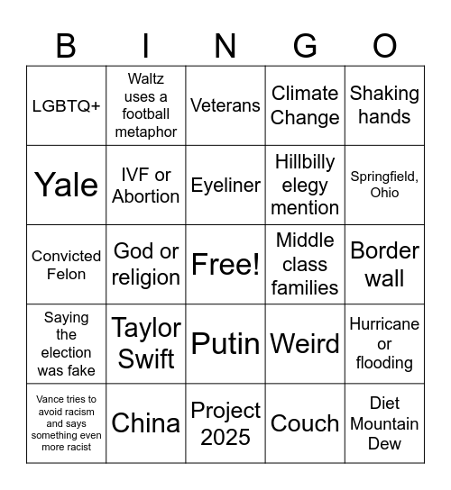 VP Debate Bingo Card