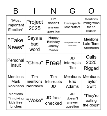 VP Debate Bingo Card