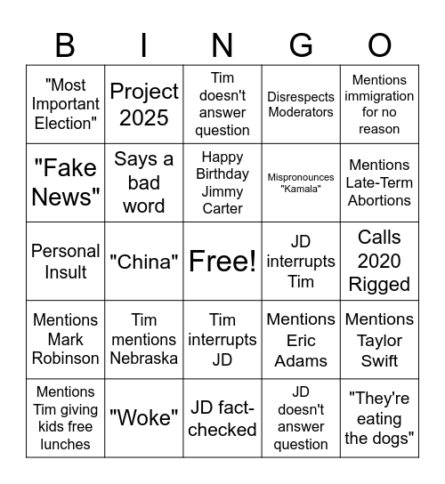 VP Debate Bingo Card