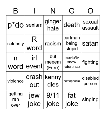 South Park Bingo Card