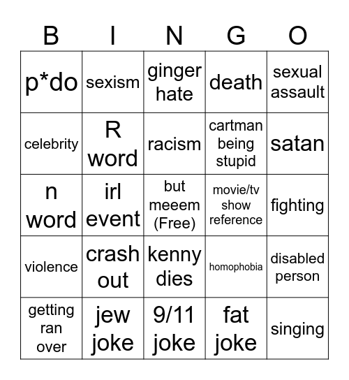 South Park Bingo Card