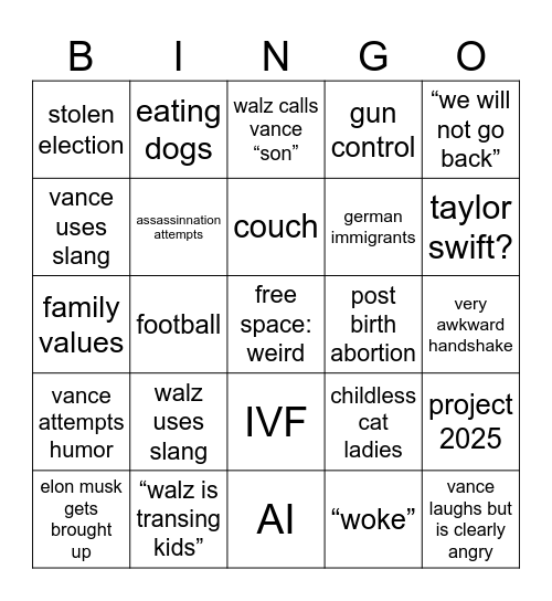 vp debate bingo Card