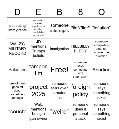 Deb8o Bingo Card