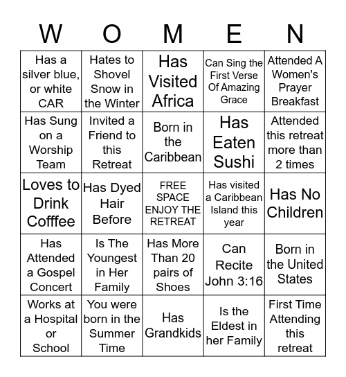 FCC & RHEMA 2016 WOMEN'S RETREAT Bingo Card