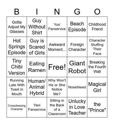 AZC Anime Bingo 1 Bingo Card