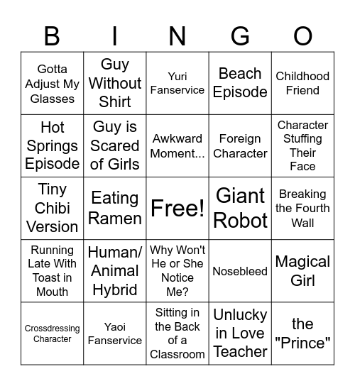 AZC Anime Bingo 1 Bingo Card