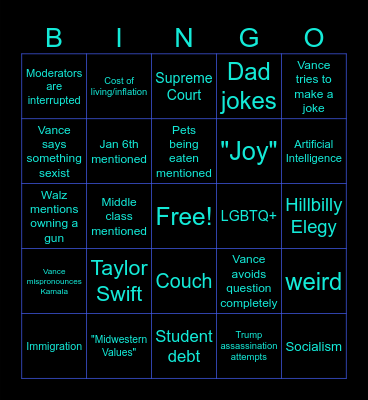 Vice Presidential Debate 2024 Bingo Card