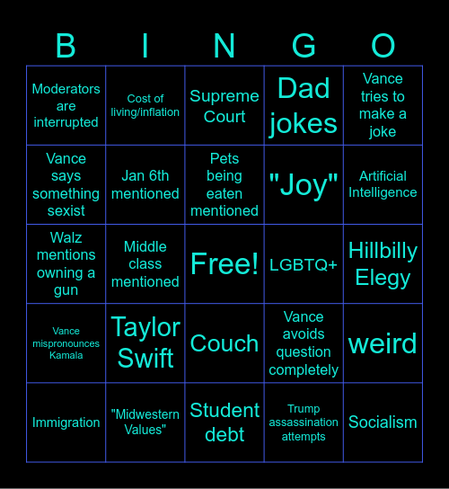 Vice Presidential Debate 2024 Bingo Card