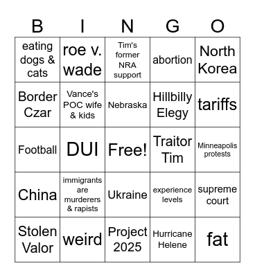VP Debate 2024 Bingo Card