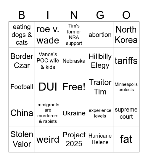 VP Debate 2024 Bingo Card