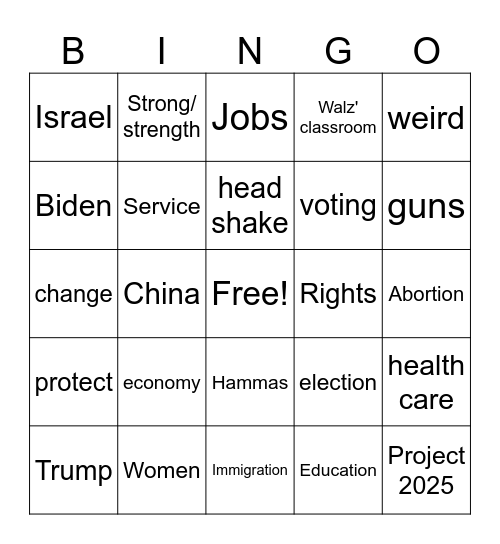 VP Debate Bingo Card