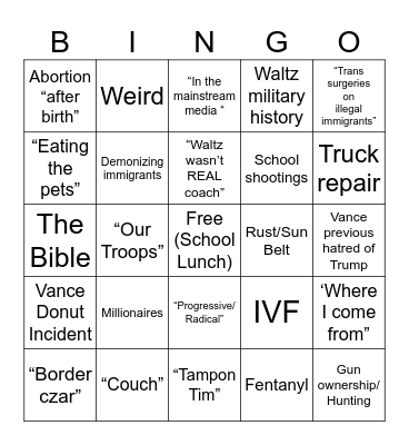 2024 Vice President Debate Bingo Card