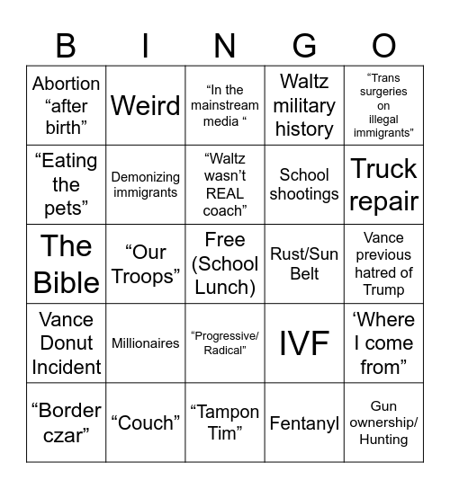 2024 Vice President Debate Bingo Card