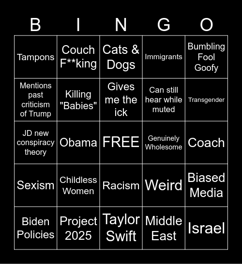 VP Debate 2024 Bingo Card