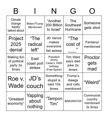 2024 VP Debate Bingo Card