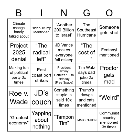 2024 VP Debate Bingo Card