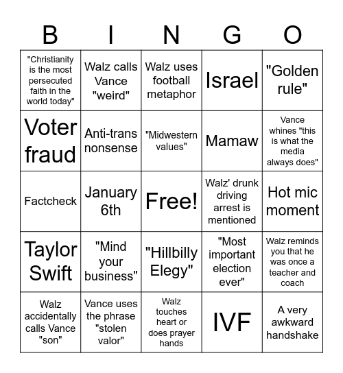 Vice President Debate Bingo Card