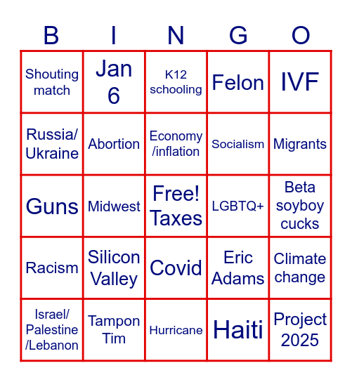 VP Debate Bingo Card