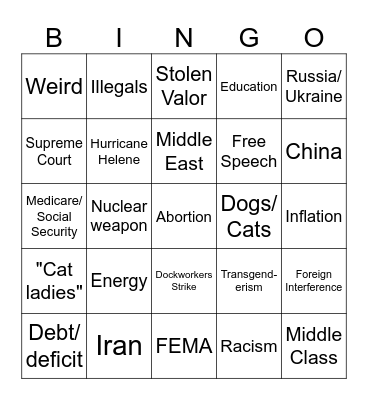 VP Debate Bingo Card