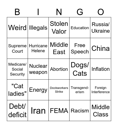 VP Debate Bingo Card