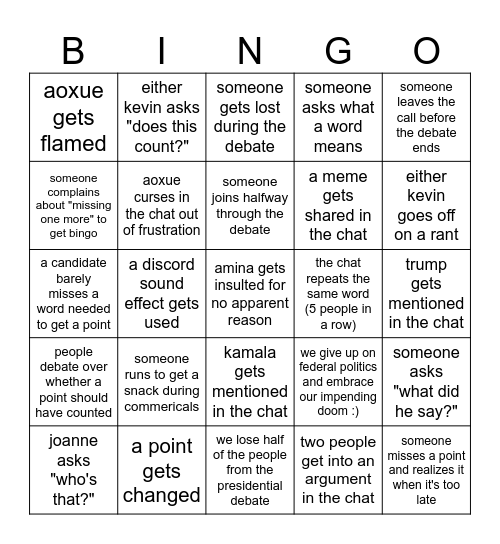 presidential deBINGO (amina's version) Bingo Card