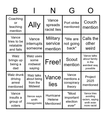 VP Debate Bingo Card