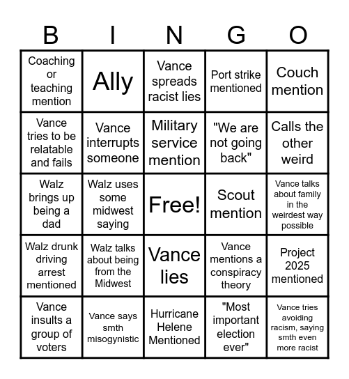 VP Debate Bingo Card