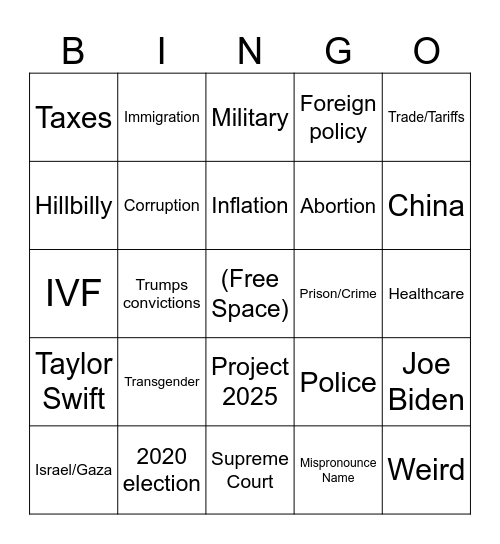 VP Debate Bingo Card