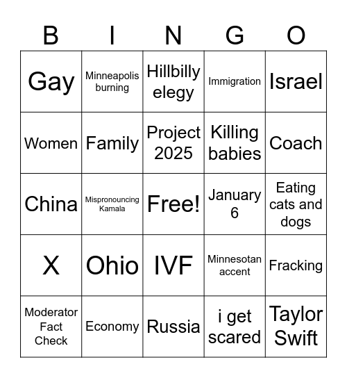 VP Debate Bingo Card
