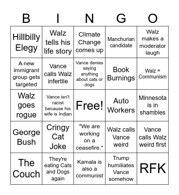 VP Debate Bingo Card