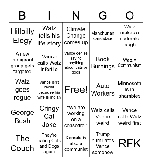 VP Debate Bingo Card