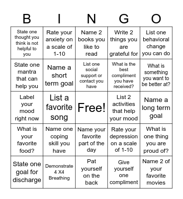 Mental Health Bingo Card