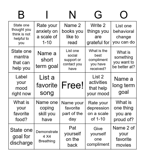 Mental Health Bingo Card