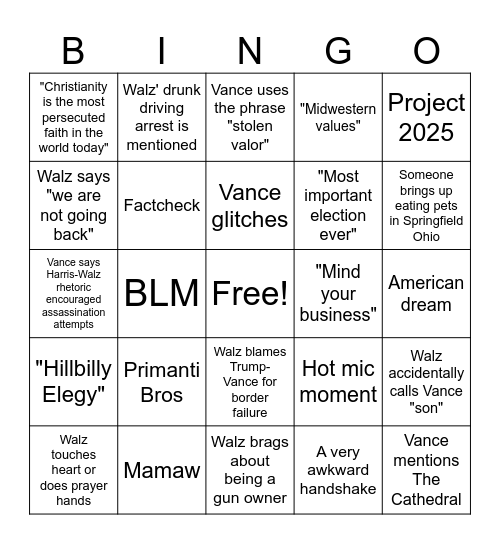 Vice President Debate Bingo Card