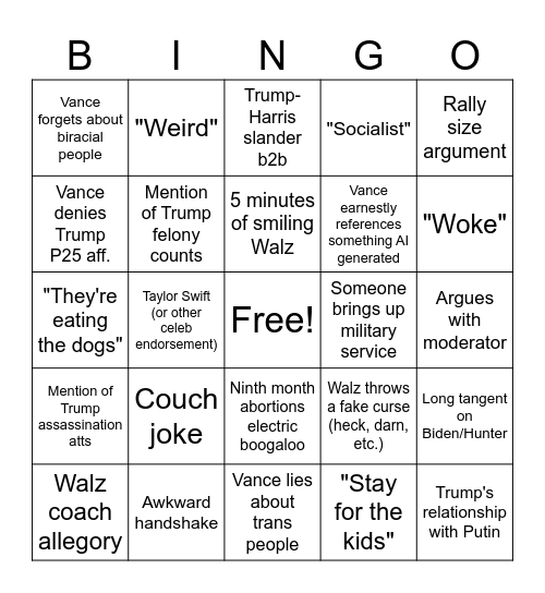 JD Vance (and Walz I guess) Bingo Card