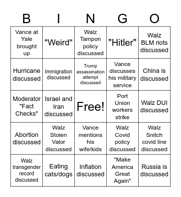 VP Debate 2024 Bingo Card