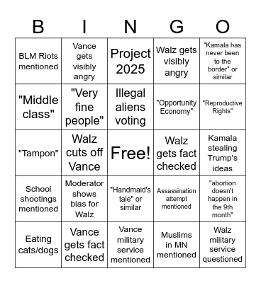 2024 VP Debate Bingo Card