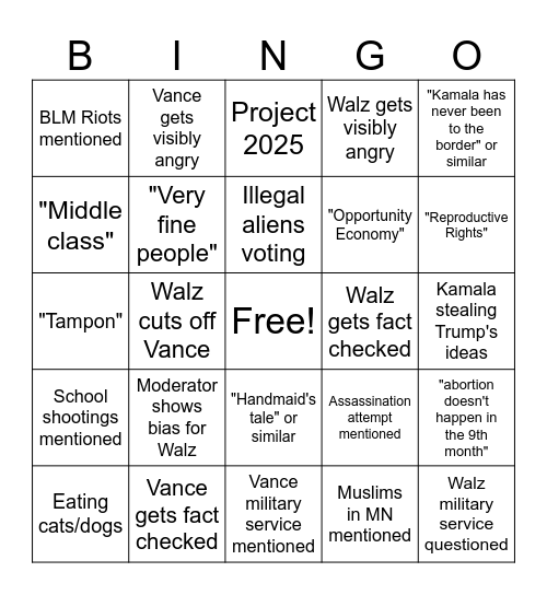 2024 VP Debate Bingo Card
