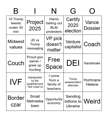 VP Debate Bingo Card