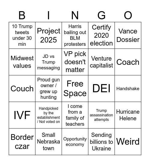 VP Debate Bingo Card