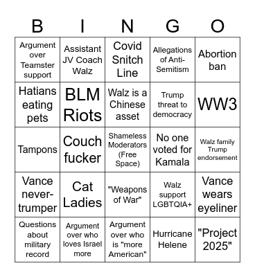 VP Debate Bingo Card