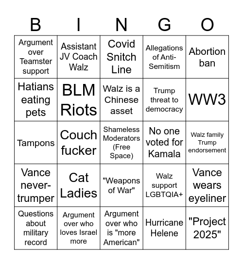 VP Debate Bingo Card