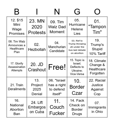 WALZ VS VANCE Bingo Card