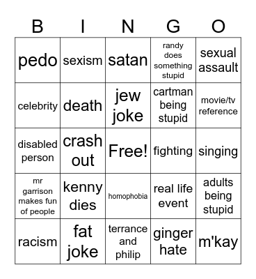 South Park Bingo Card