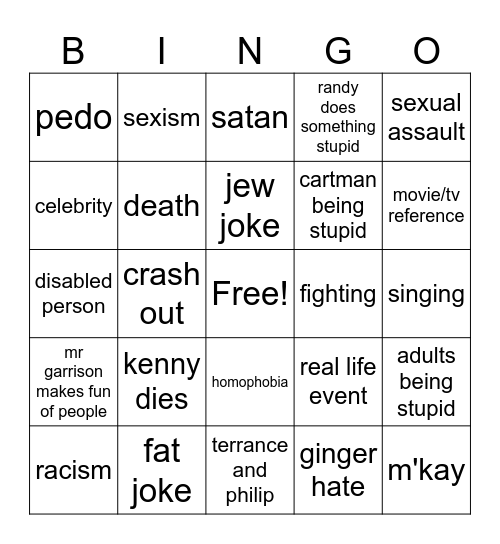 South Park Bingo Card