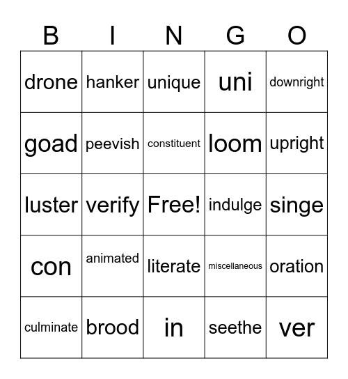 Vocabulary Unit 3B Bingo Card