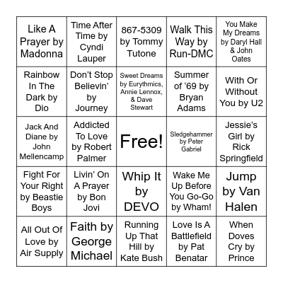 80s Music Bingo Card