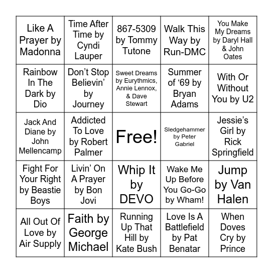 80s Music Bingo Card
