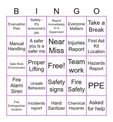 Safety Bingo Card